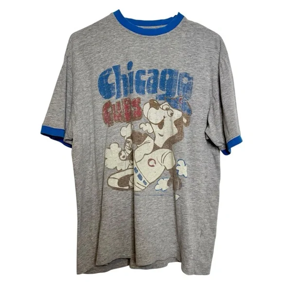 Red Jacket Gray Blue Chicago Cubs Baseball Graphic Burnout Short Sleeve Shirt M - Picture 2 of 9